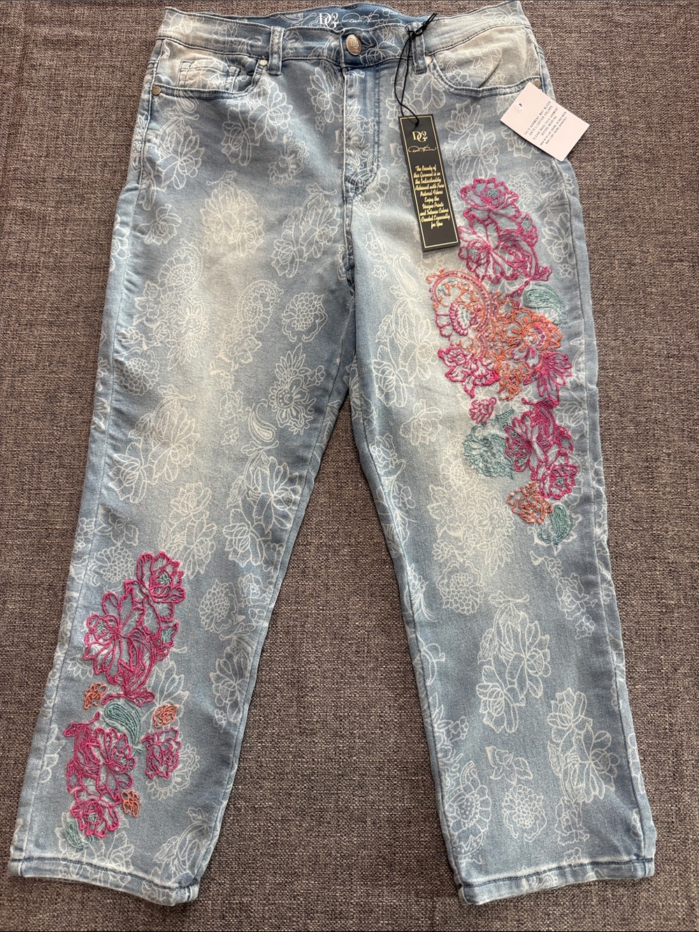 DG2 by Diane Gilman Light Wash Cropped Jeans with Pink & Coral Floral Embroidery